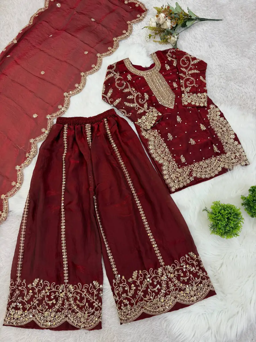 DESIGNER FENDY SILK EMBROIDERY CODING AND SEQUENCE WORK KID'S TOP PALAZZO WITH DUPATTA FESTIVE WEAR WHOLESALE PRICE ETHNIC GARMENT (11)