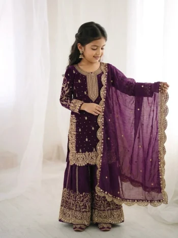 DESIGNER FENDY SILK EMBROIDERY CODING AND SEQUENCE WORK KID'S TOP PALAZZO WITH DUPATTA  PURPLE
