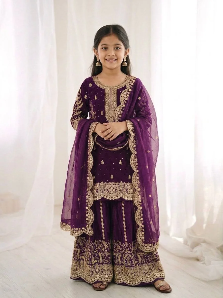 DESIGNER FENDY SILK EMBROIDERY CODING AND SEQUENCE WORK KID'S TOP PALAZZO WITH DUPATTA FESTIVE WEAR WHOLESALE PRICE ETHNIC GARMENT (14)