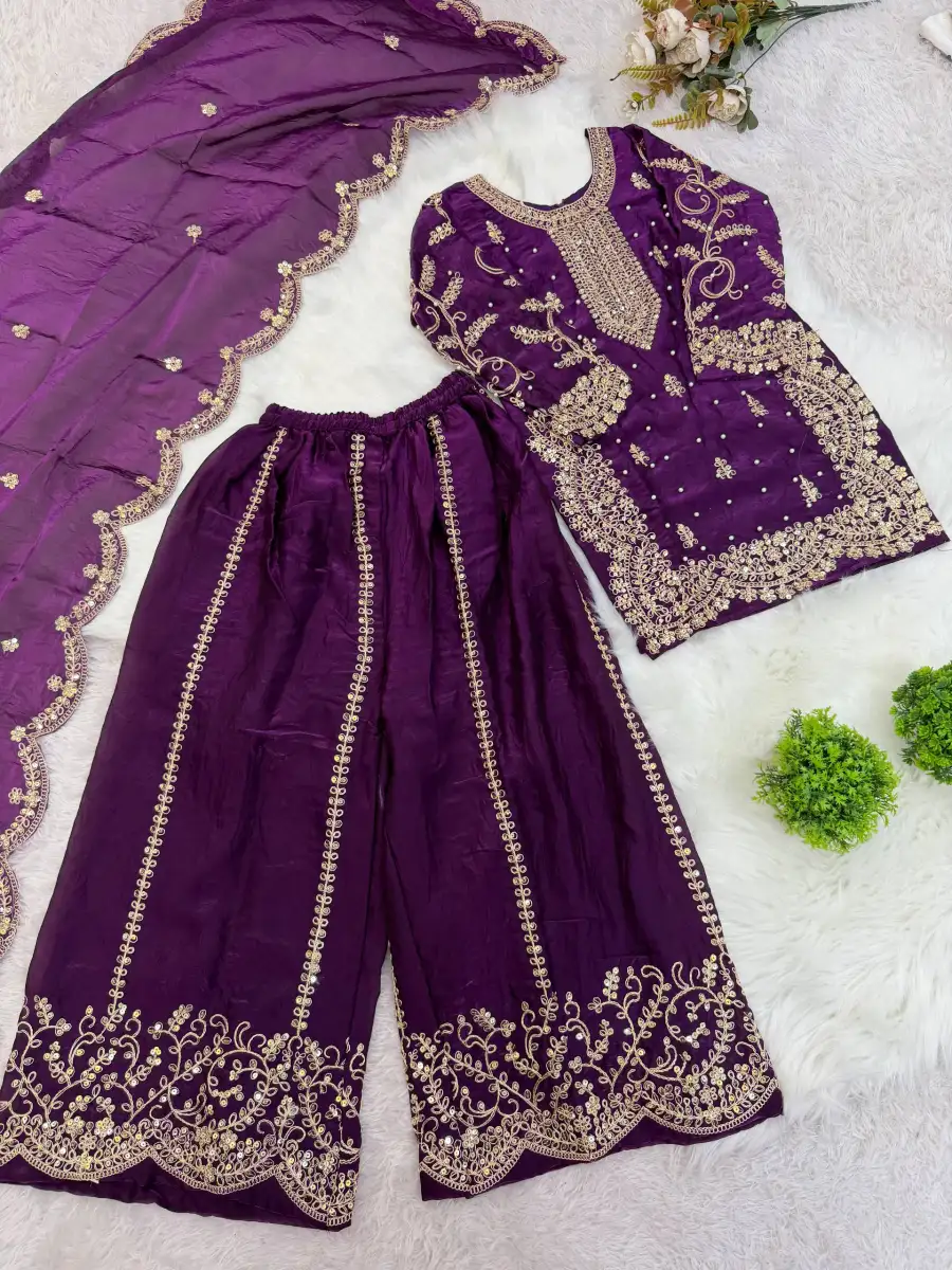 DESIGNER FENDY SILK EMBROIDERY CODING AND SEQUENCE WORK KID'S TOP PALAZZO WITH DUPATTA FESTIVE WEAR WHOLESALE PRICE ETHNIC GARMENT (15)