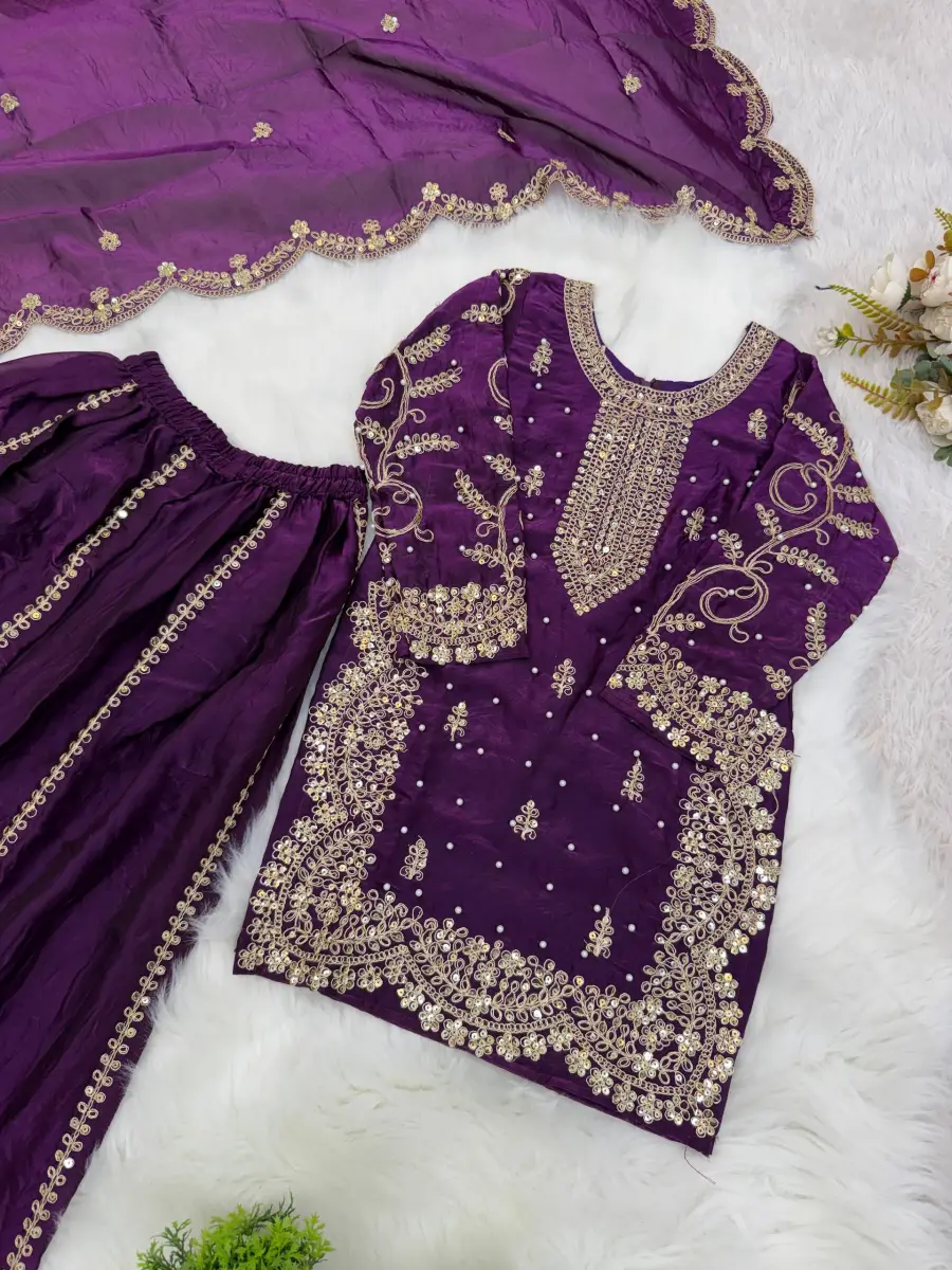 DESIGNER FENDY SILK EMBROIDERY CODING AND SEQUENCE WORK KID'S TOP PALAZZO WITH DUPATTA FESTIVE WEAR WHOLESALE PRICE ETHNIC GARMENT (18)