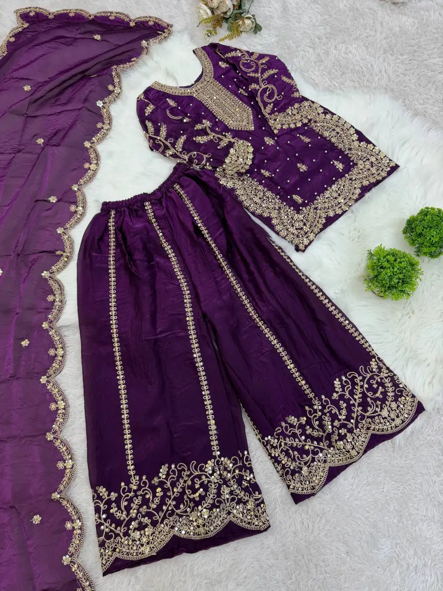 DESIGNER FENDY SILK EMBROIDERY CODING AND SEQUENCE WORK KID'S TOP PALAZZO WITH DUPATTA FESTIVE WEAR WHOLESALE PRICE ETHNIC GARMENT (19)