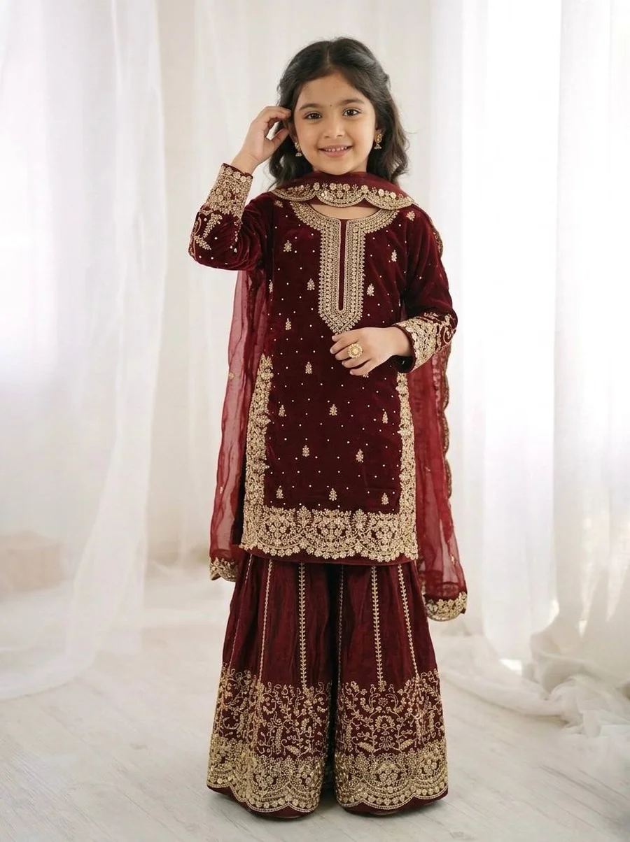 DESIGNER FENDY SILK EMBROIDERY CODING AND SEQUENCE WORK KID'S TOP PALAZZO WITH DUPATTA FESTIVE WEAR WHOLESALE PRICE ETHNIC GARMENT (2)