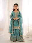 DESIGNER FENDY SILK EMBROIDERY CODING AND SEQUENCE WORK KID'S TOP PALAZZO WITH DUPATTA  RAMA