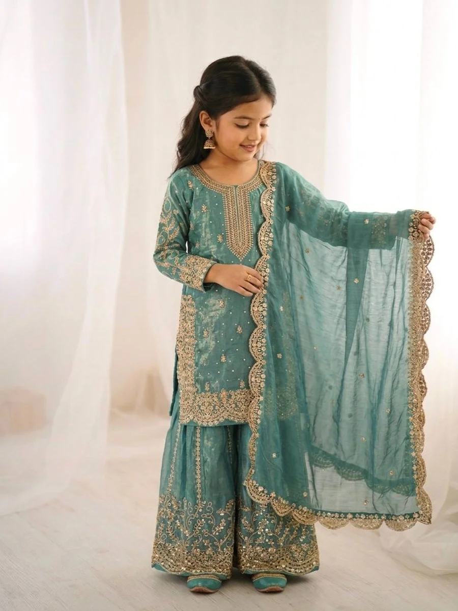 DESIGNER FENDY SILK EMBROIDERY CODING AND SEQUENCE WORK KID'S TOP PALAZZO WITH DUPATTA FESTIVE WEAR WHOLESALE PRICE ETHNIC GARMENT (21)
