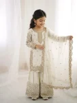 DESIGNER FENDY SILK EMBROIDERY CODING AND SEQUENCE WORK KID'S TOP PALAZZO WITH DUPATTA  OFF WHITE