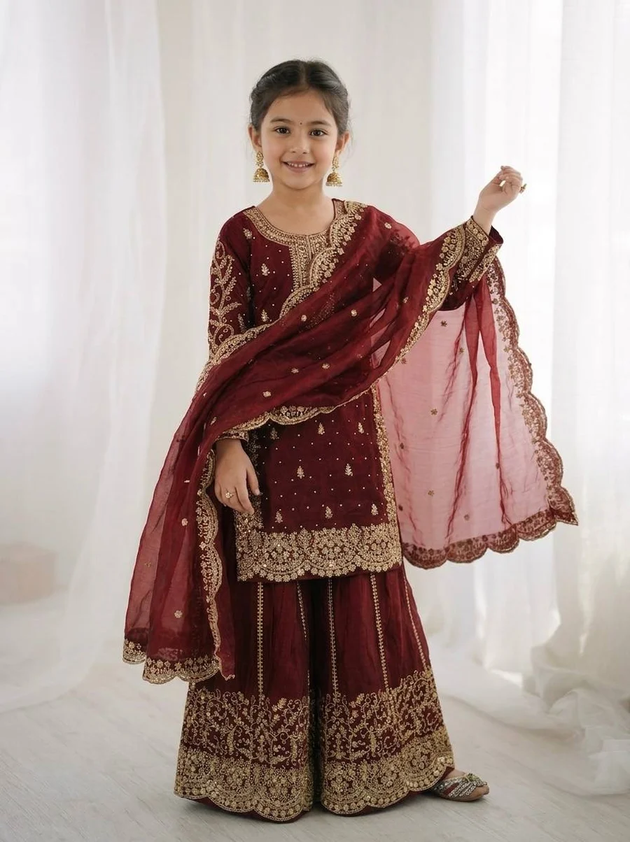 DESIGNER FENDY SILK EMBROIDERY CODING AND SEQUENCE WORK KID'S TOP PALAZZO WITH DUPATTA FESTIVE WEAR WHOLESALE PRICE ETHNIC GARMENT (3)