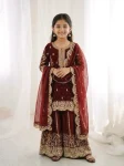 DESIGNER FENDY SILK EMBROIDERY CODING AND SEQUENCE WORK KID'S TOP PALAZZO WITH DUPATTA  MAROON