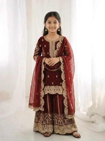 DESIGNER FENDY SILK EMBROIDERY CODING AND SEQUENCE WORK KID'S TOP PALAZZO WITH DUPATTA  MAROON