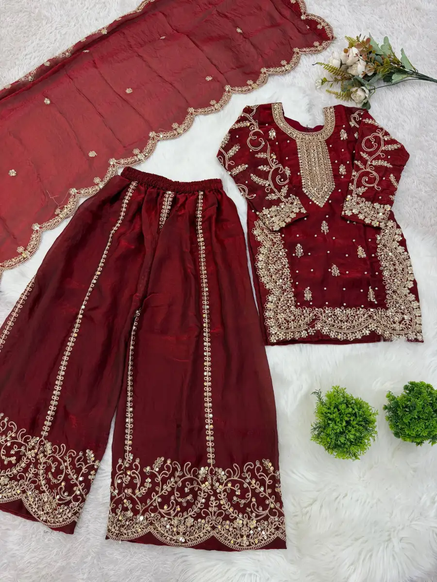 DESIGNER FENDY SILK EMBROIDERY CODING AND SEQUENCE WORK KID'S TOP PALAZZO WITH DUPATTA FESTIVE WEAR WHOLESALE PRICE ETHNIC GARMENT (5)