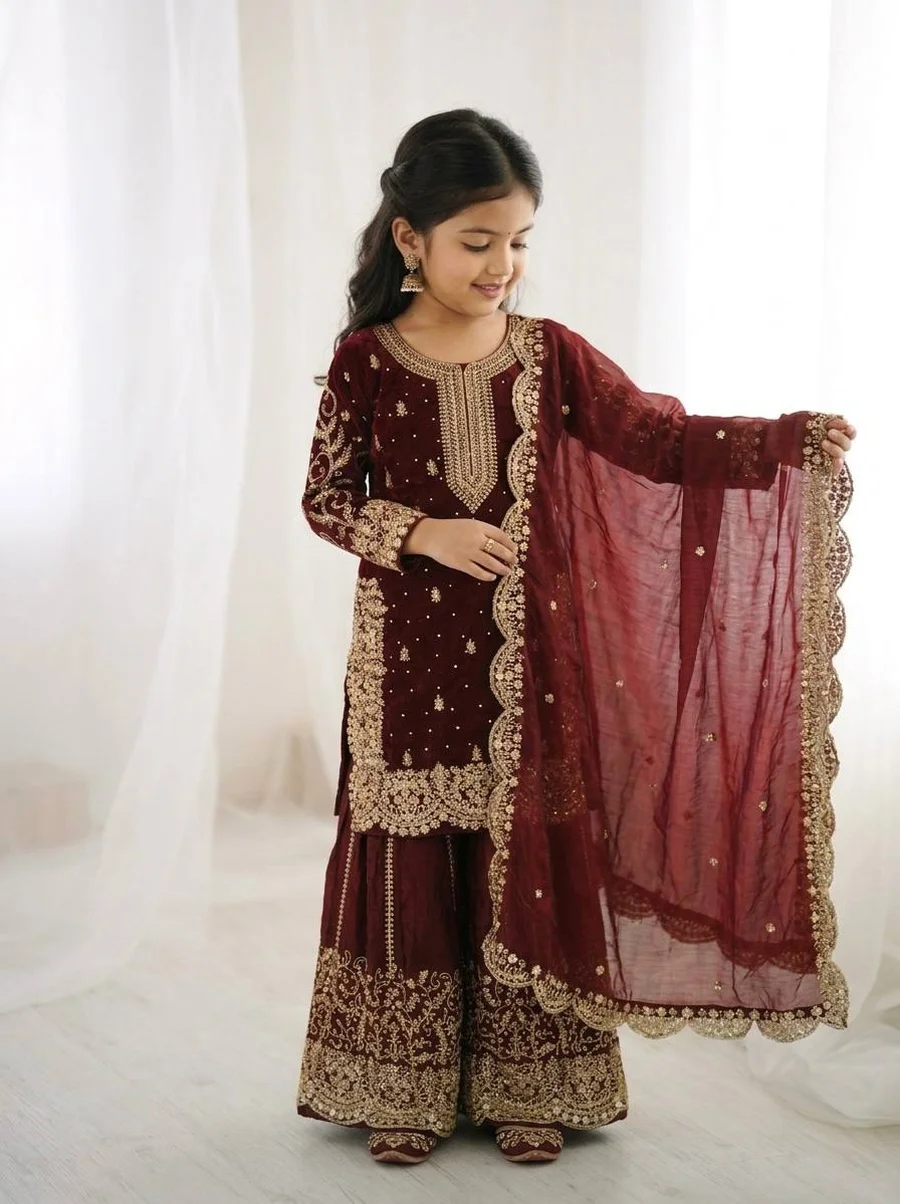 DESIGNER FENDY SILK EMBROIDERY CODING AND SEQUENCE WORK KID'S TOP PALAZZO WITH DUPATTA FESTIVE WEAR WHOLESALE PRICE ETHNIC GARMENT (7)