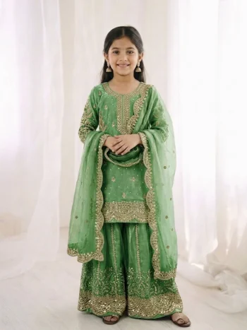 DESIGNER FENDY SILK EMBROIDERY CODING AND SEQUENCE WORK KID'S TOP PALAZZO WITH DUPATTA  PARROT GREEN