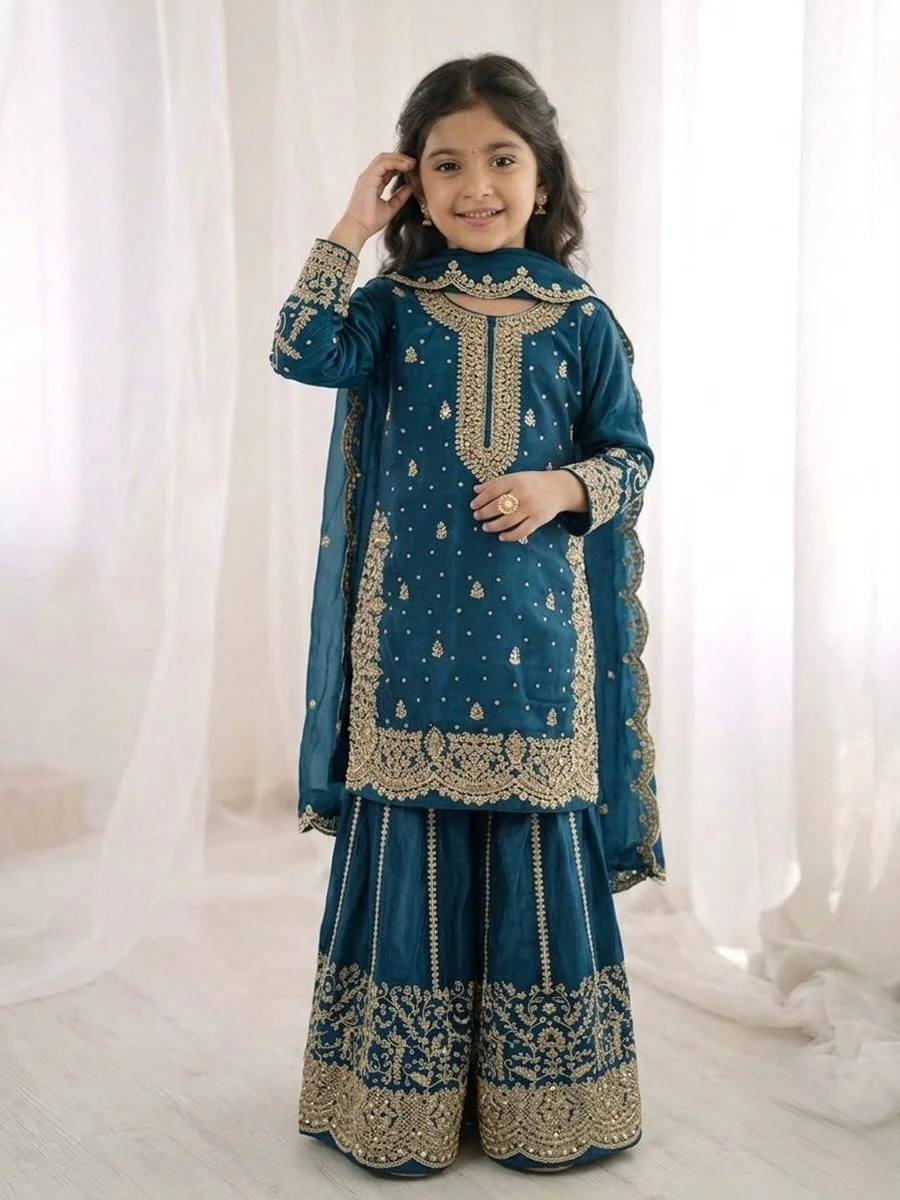 DESIGNER FENDY SILK EMBROIDERY CODING AND SEQUENCE WORK KID'S TOP PALAZZO WITH DUPATTA FESTIVE WEAR WHOLESALE PRICE ETHNIC GARMENT FESTIVE WEAR WHOLESALE PRICE ETHNIC GARMENT (19)