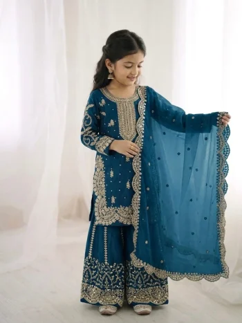 DESIGNER FENDY SILK EMBROIDERY CODING AND SEQUENCE WORK KID'S TOP PALAZZO WITH DUPATTA  TEAL