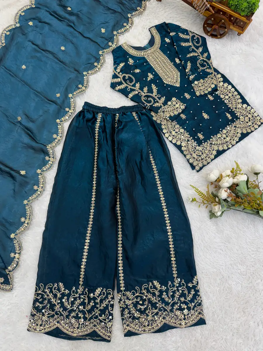 DESIGNER FENDY SILK EMBROIDERY CODING AND SEQUENCE WORK KID'S TOP PALAZZO WITH DUPATTA FESTIVE WEAR WHOLESALE PRICE ETHNIC GARMENT FESTIVE WEAR WHOLESALE PRICE ETHNIC GARMENT (25)
