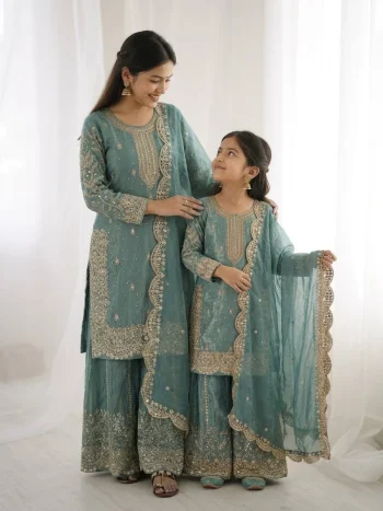 DESIGNER FENDY SILK EMBROIDERY CODING AND SEQUENCE WORK MOTHER DAUGHTER SET RAMA