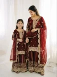 DESIGNER FENDY SILK EMBROIDERY CODING AND SEQUENCE WORK MOTHER DAUGHTER SET MAROON