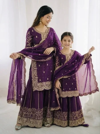 DESIGNER FENDY SILK EMBROIDERY CODING AND SEQUENCE WORK MOTHER DAUGHTER SET PURPLE