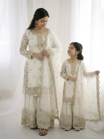DESIGNER FENDY SILK EMBROIDERY CODING AND SEQUENCE WORK MOTHER DAUGHTER SET OFF WHITE