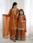 DESIGNER FENDY SILK EMBROIDERY CODING AND SEQUENCE WORK MOTHER DAUGHTER SET WEDDING WEAR WHOLESALE PRICE ETHNIC GARMENT (1)