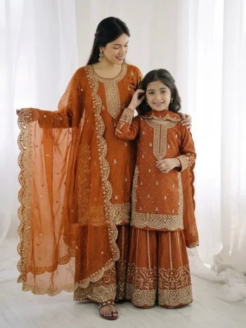 DESIGNER FENDY SILK EMBROIDERY CODING AND SEQUENCE WORK MOTHER DAUGHTER SET ORANGE