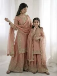 DESIGNER FENDY SILK EMBROIDERY CODING AND SEQUENCE WORK MOTHER DAUGHTER SET BABY PINK