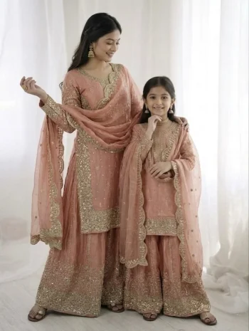 DESIGNER FENDY SILK EMBROIDERY CODING AND SEQUENCE WORK MOTHER DAUGHTER SET BABY PINK