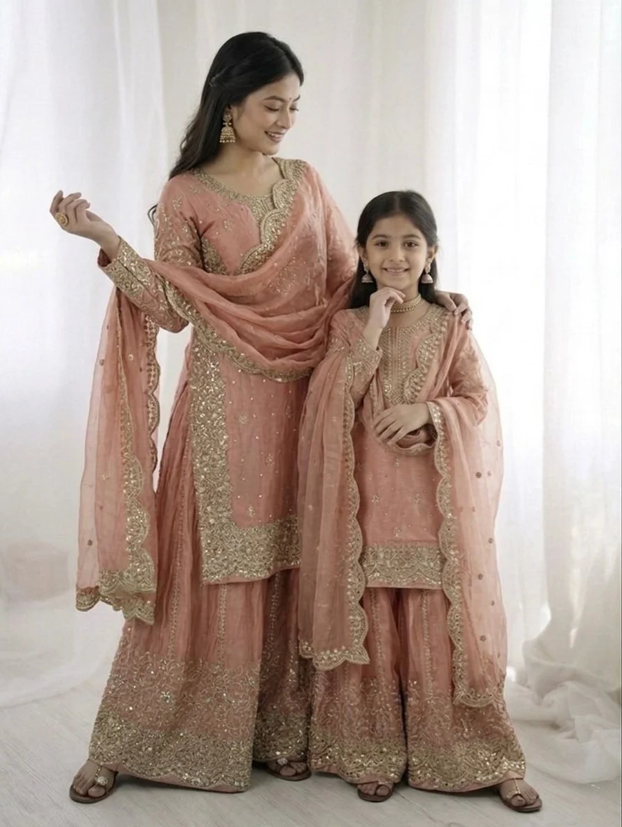 DESIGNER FENDY SILK EMBROIDERY CODING AND SEQUENCE WORK MOTHER DAUGHTER SET WEDDING WEAR WHOLESALE PRICE ETHNIC GARMENT (2)