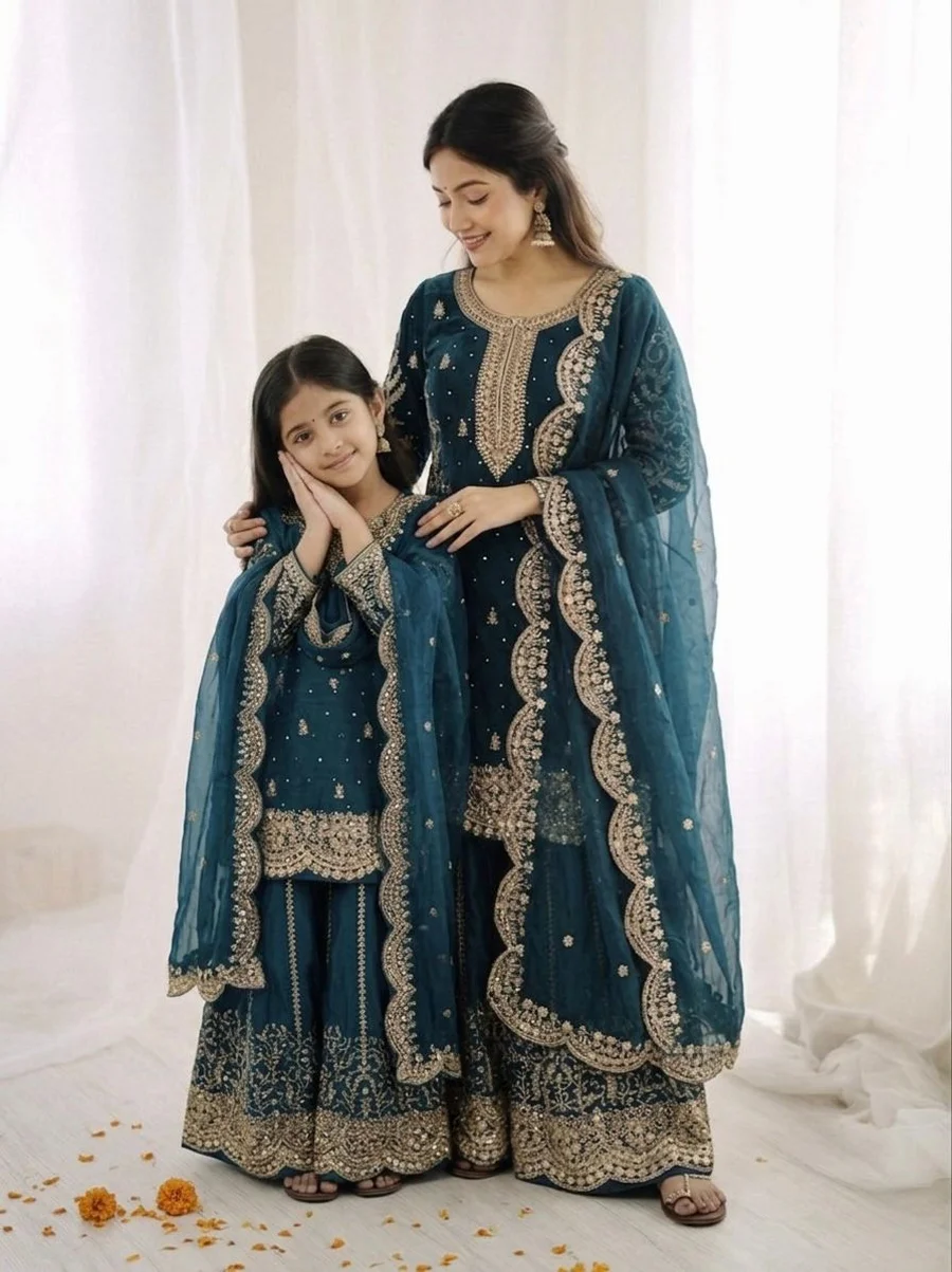 DESIGNER FENDY SILK EMBROIDERY CODING AND SEQUENCE WORK MOTHER DAUGHTER SET WEDDING WEAR WHOLESALE PRICE ETHNIC GARMENT (3)
