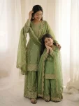 DESIGNER FENDY SILK EMBROIDERY CODING AND SEQUENCE WORK MOTHER DAUGHTER SET PARROT GREEN