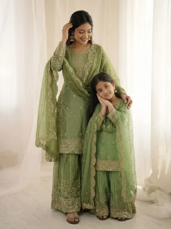 DESIGNER FENDY SILK EMBROIDERY CODING AND SEQUENCE WORK MOTHER DAUGHTER SET PARROT GREEN