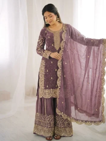 DESIGNER FENDY SILK EMBROIDERY CODING AND SEQUENCE WORK TOP PALAZZO WITH DUPATTA ONION