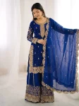 DESIGNER FENDY SILK EMBROIDERY CODING AND SEQUENCE WORK TOP PALAZZO WITH DUPATTA BLUE