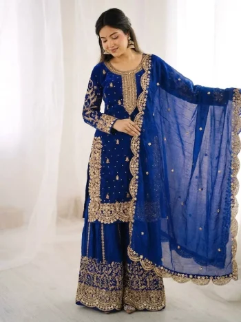 DESIGNER FENDY SILK EMBROIDERY CODING AND SEQUENCE WORK TOP PALAZZO WITH DUPATTA BLUE
