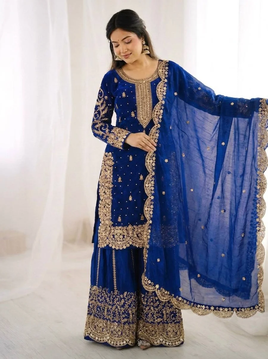 DESIGNER FENDY SILK EMBROIDERY CODING AND SEQUENCE WORK TOP PALAZZO WITH DUPATTA FESTIVE WEAR WHOLESALE PRICE ETHNIC GARMENT (35)