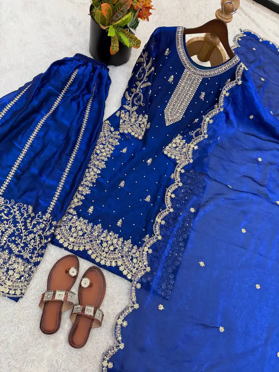 DESIGNER FENDY SILK EMBROIDERY CODING AND SEQUENCE WORK TOP PALAZZO WITH DUPATTA FESTIVE WEAR WHOLESALE PRICE ETHNIC GARMENT (36)