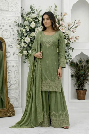 DESIGNER FENDY SILK EMBROIDERY SEQUENCE WITH CODING WORK TOP PALAZZO WITH DUPATTA PISTA