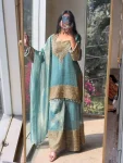 DESIGNER FENDY SILK EMBROIDERY SEQUENCE WITH LACE BORDER WORK TOP PALAZZO WITH DUPATTA SKY