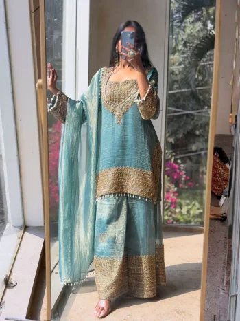 DESIGNER FENDY SILK EMBROIDERY SEQUENCE WITH LACE BORDER WORK TOP PALAZZO WITH DUPATTA SKY