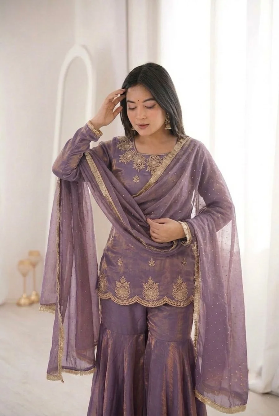 DESIGNER FENDY SILK EMBROIDERY SEQUENCE WITH ZARKAN DIAMOND WORK TOP SHARARA WITH DUPATTA FESTIVE WEAR WHOLESALE PRICE ETHNIC GARMENT (12)