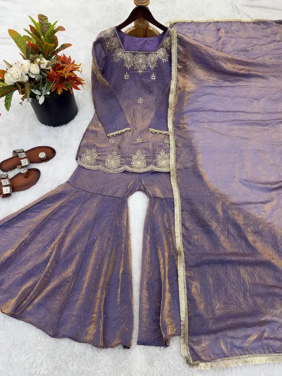 DESIGNER FENDY SILK EMBROIDERY SEQUENCE WITH ZARKAN DIAMOND WORK TOP SHARARA WITH DUPATTA FESTIVE WEAR WHOLESALE PRICE ETHNIC GARMENT (13)