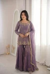 DESIGNER FENDY SILK EMBROIDERY SEQUENCE WITH ZARKAN DIAMOND WORK TOP SHARARA WITH DUPATTA PURPLE