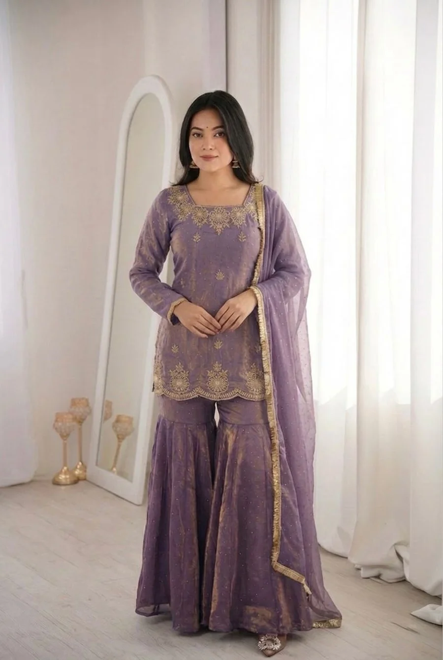DESIGNER FENDY SILK EMBROIDERY SEQUENCE WITH ZARKAN DIAMOND WORK TOP SHARARA WITH DUPATTA FESTIVE WEAR WHOLESALE PRICE ETHNIC GARMENT (3)