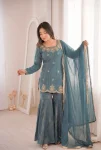 DESIGNER FENDY SILK EMBROIDERY SEQUENCE WITH ZARKAN DIAMOND WORK TOP SHARARA WITH DUPATTA FESTIVE WEAR WHOLESALE PRICE ETHNIC GARMENT (2)