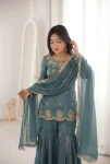 DESIGNER FENDY SILK EMBROIDERY SEQUENCE WITH ZARKAN DIAMOND WORK TOP SHARARA WITH DUPATTA FESTIVE WEAR WHOLESALE PRICE ETHNIC GARMENT (2)