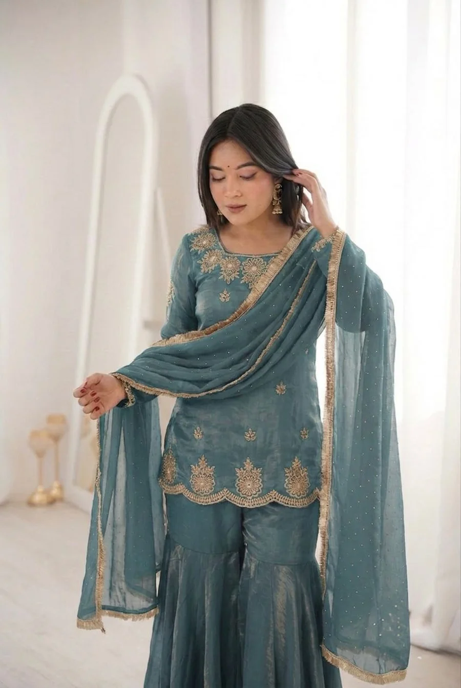 DESIGNER FENDY SILK EMBROIDERY SEQUENCE WITH ZARKAN DIAMOND WORK TOP SHARARA WITH DUPATTA FESTIVE WEAR WHOLESALE PRICE ETHNIC GARMENT (4)