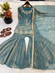 DESIGNER FENDY SILK EMBROIDERY SEQUENCE WITH ZARKAN DIAMOND WORK TOP SHARARA WITH DUPATTA FESTIVE WEAR WHOLESALE PRICE ETHNIC GARMENT (2)