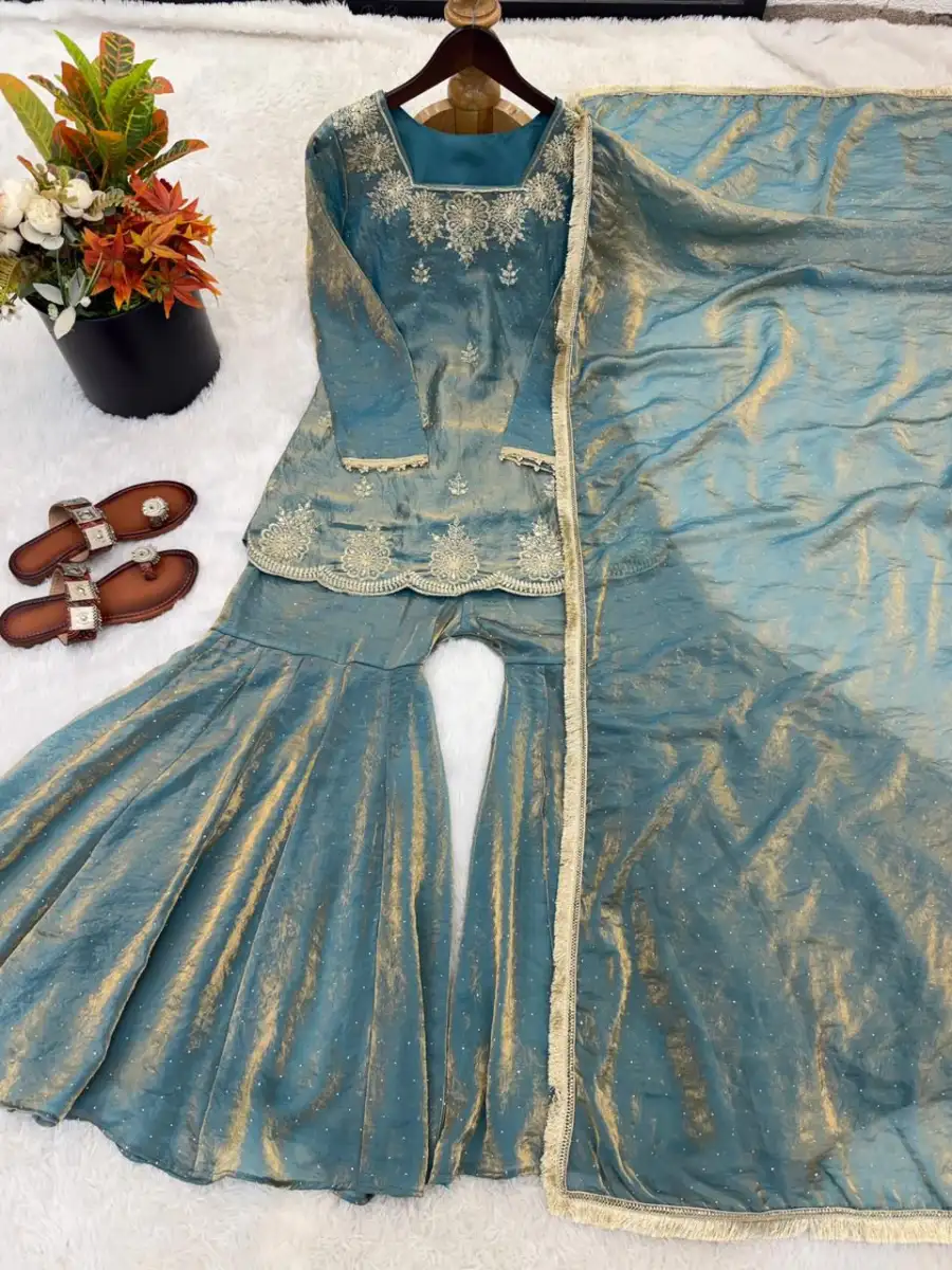 DESIGNER FENDY SILK EMBROIDERY SEQUENCE WITH ZARKAN DIAMOND WORK TOP SHARARA WITH DUPATTA FESTIVE WEAR WHOLESALE PRICE ETHNIC GARMENT (8)