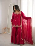 DESIGNER FENDY SILK EMBROIDERY SEQUENCE WITH ZARKAN DIAMOND WORK TOP SHARARA WITH DUPATTA WEDDING WEAR WHOLESALE PRICE ETHNIC GARMENT (3)