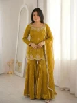 DESIGNER FENDY SILK EMBROIDERY SEQUENCE  WITH ZARKAN DIAMOND WORK TOP SHARARA WITH DUPATTA YELLOW